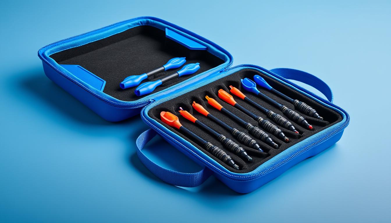 travel-ready eva darts case with hand strap in blue – convenient and durable storage solution for darts, shafts, flights, and tips, perfect for on-the-go players.