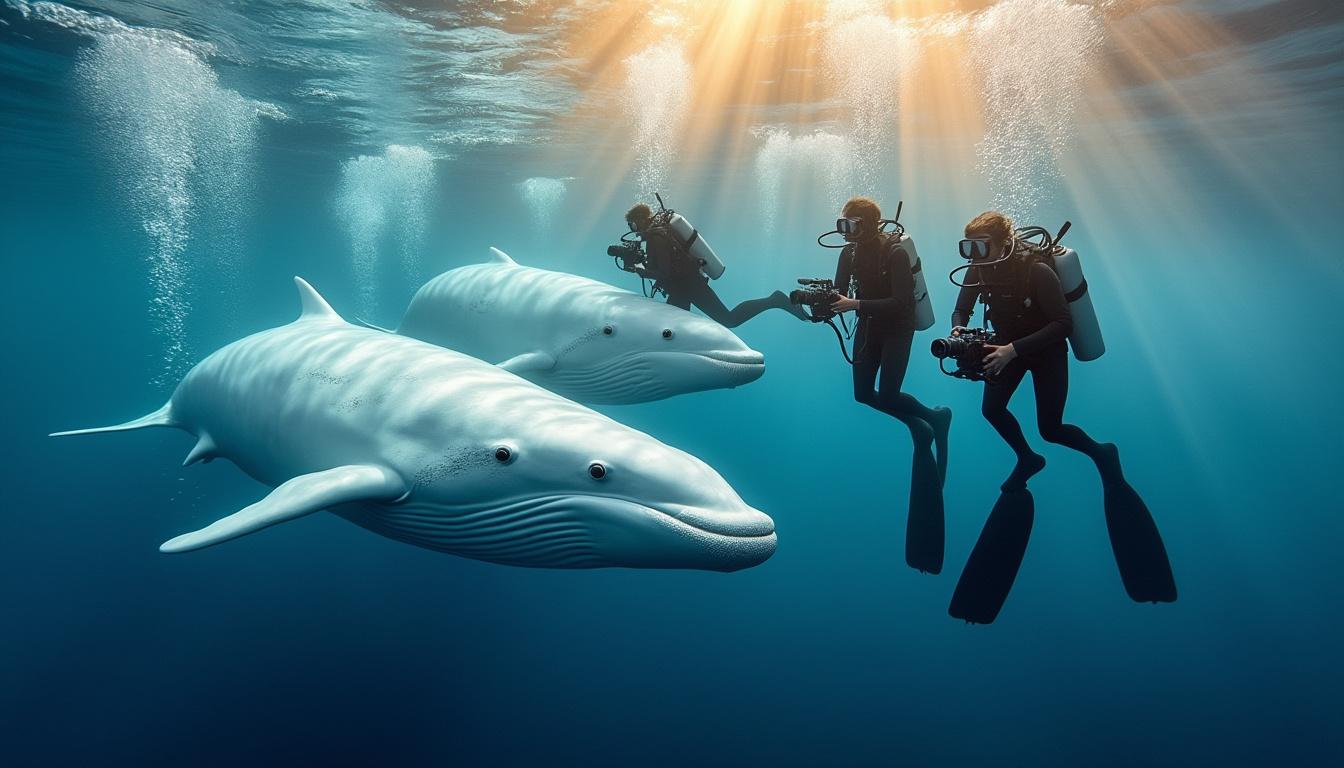 researchers capture rare and breathtaking footage of a massive pod of white whales, shedding new light on these elusive marine giants.